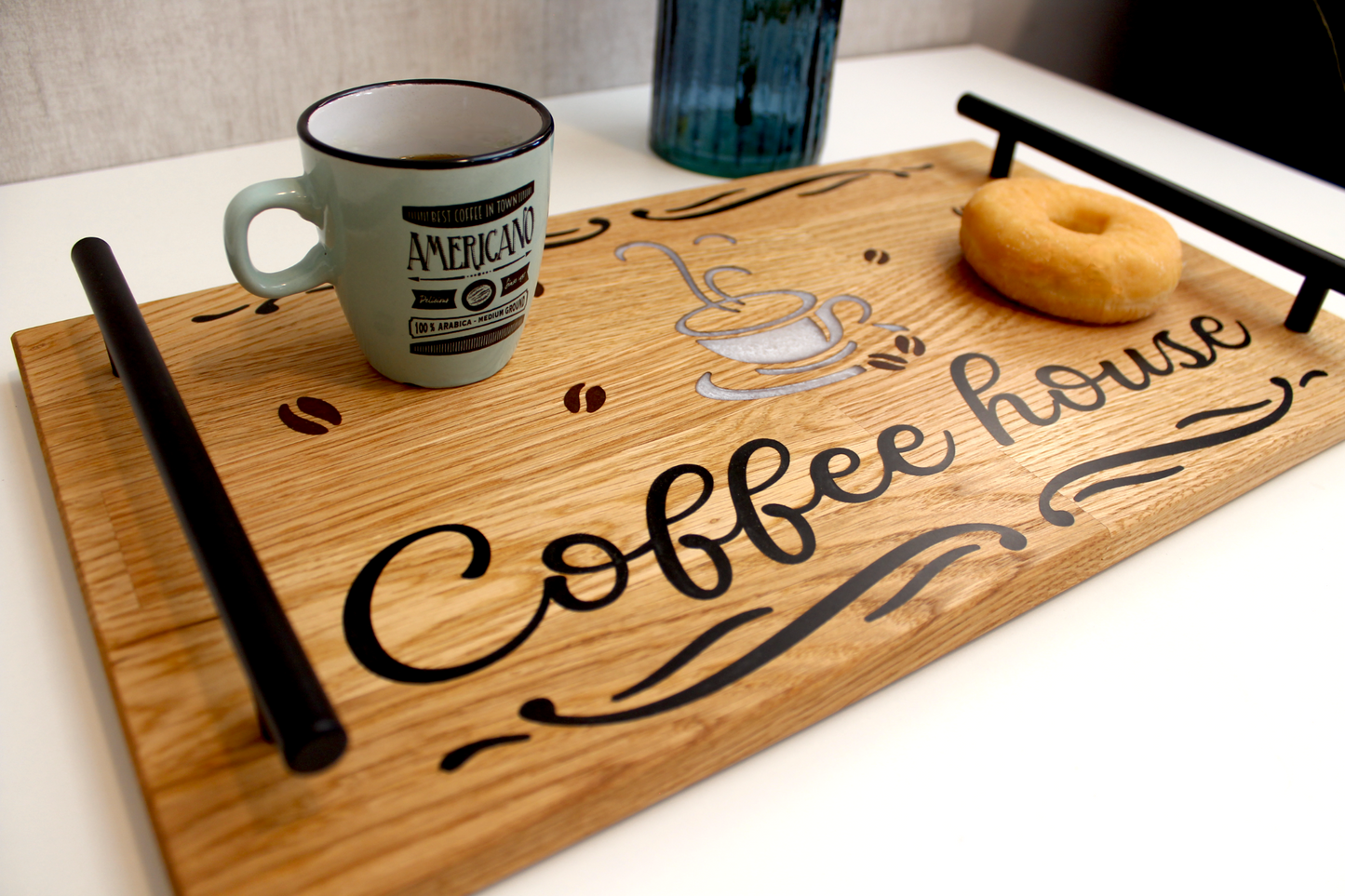 Plateau de repas et service en bois et résine époxy Coffee House