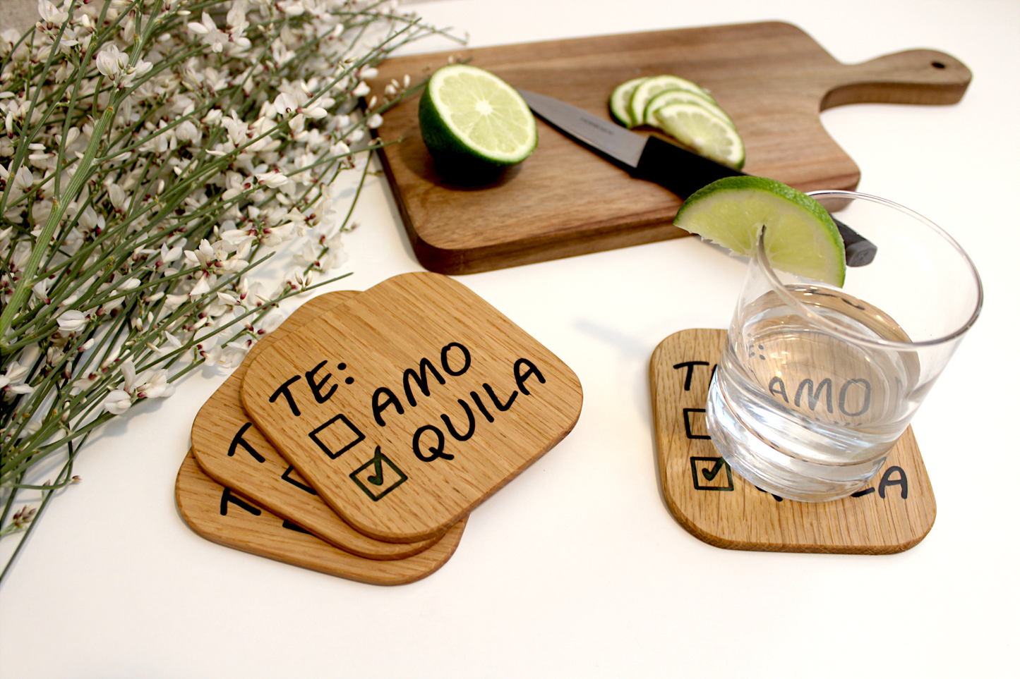 Dessous de verres artisanal bois résine époxy Te Amo Tequila