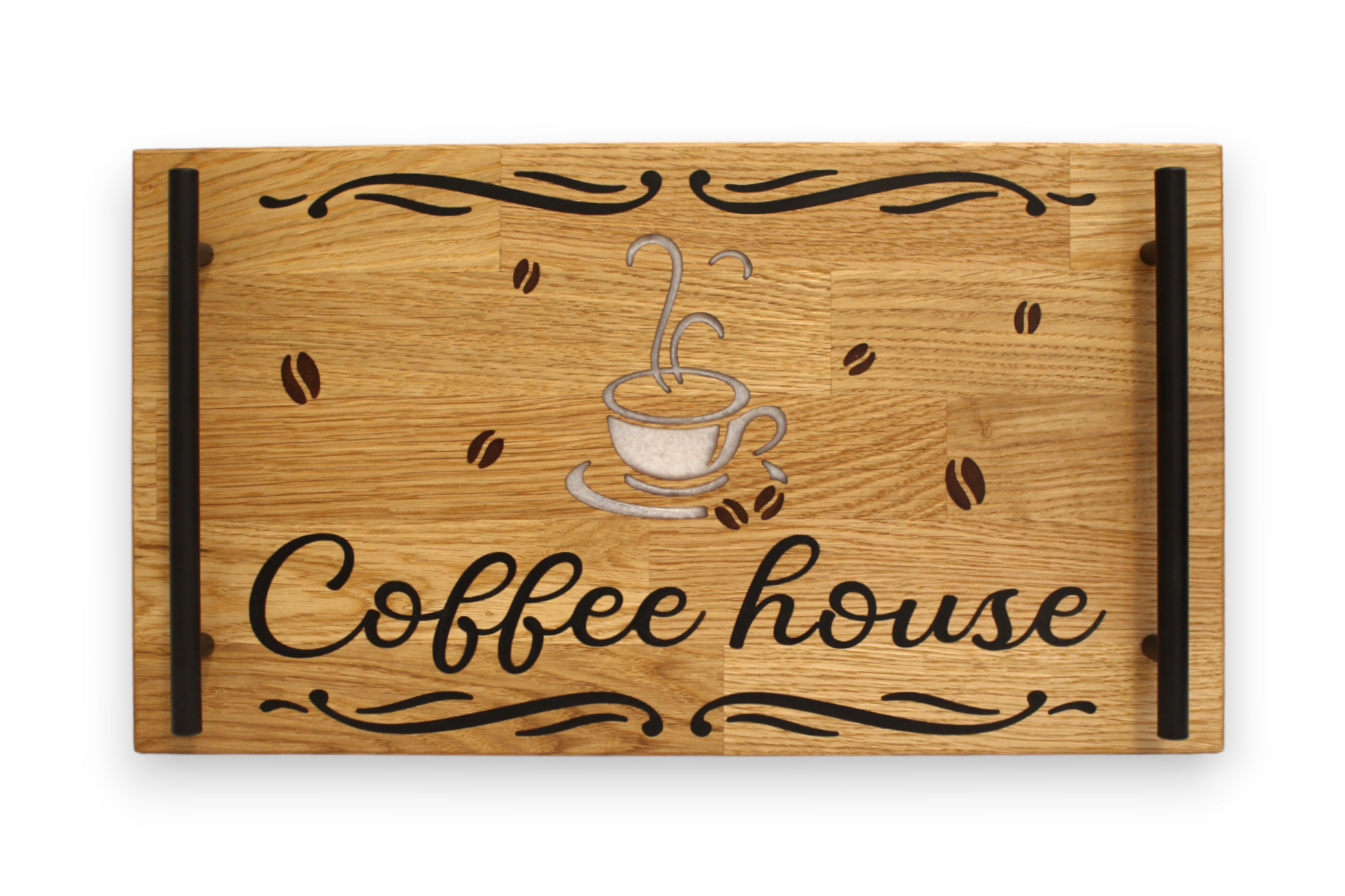 Plateau de repas et service en bois et résine époxy Coffee House