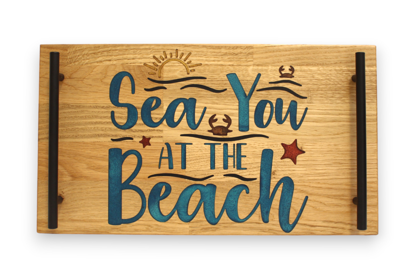Plateau de repas et service en bois et résine époxy Sea you at the Beach Mer