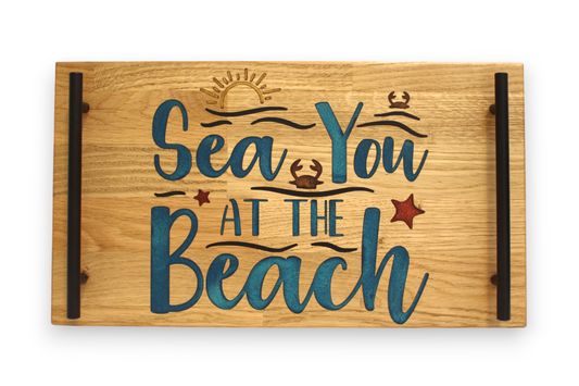 Plateau de repas et service en bois et résine époxy Sea you at the Beach Mer