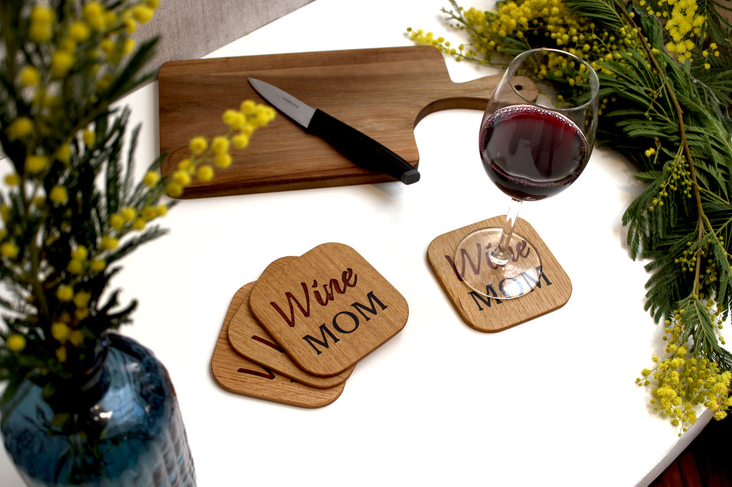 Dessous de verres artisanal bois résine époxy Wine Mom Vin Maman